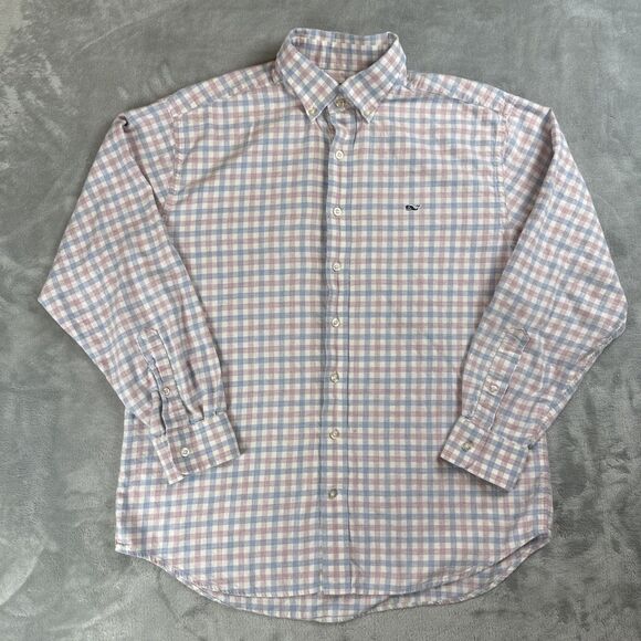 Vineyard Vines Men's L Pink Blue Gingham Shirt Whale Logo Cotton Long Sleeve - Picture 1 of 10